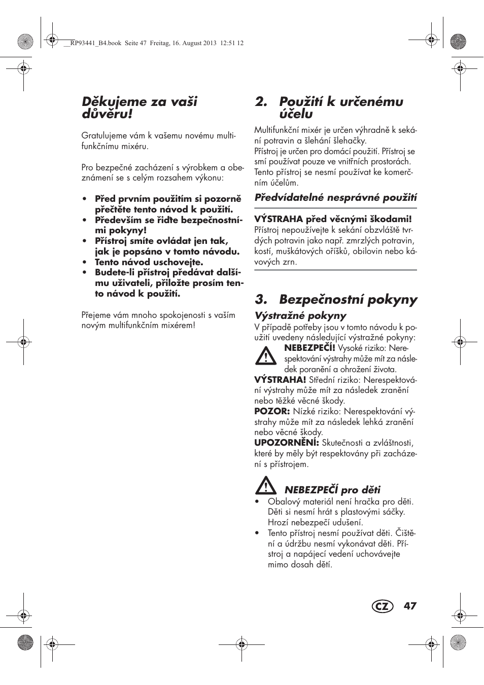 Dkujeme za vaši dvru, Použití k urenému úelu, Bezpenostní pokyny | Silvercrest SMZS 260 E3 User Manual | Page 49 / 78