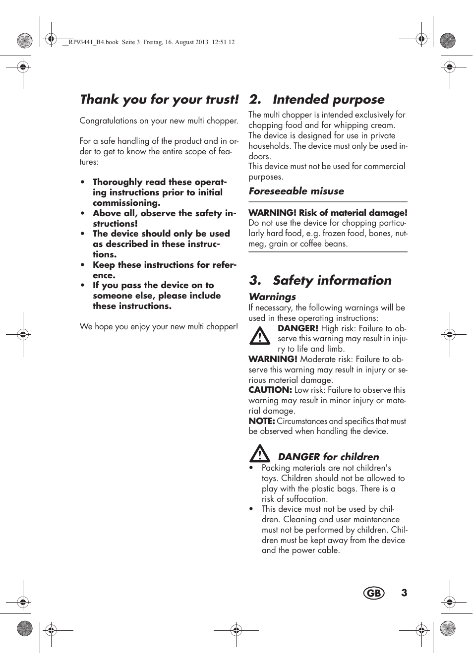 Intended purpose, Safety information | Silvercrest SMZS 260 E3 User Manual | Page 5 / 78