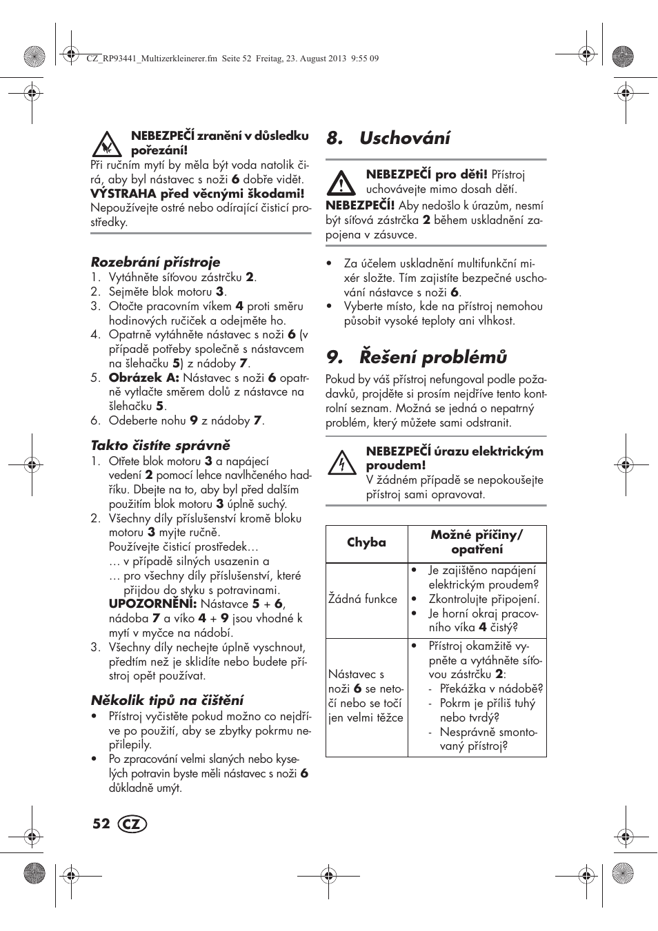 Uschování, ešení problém | Silvercrest SMZS 260 E3 User Manual | Page 54 / 78