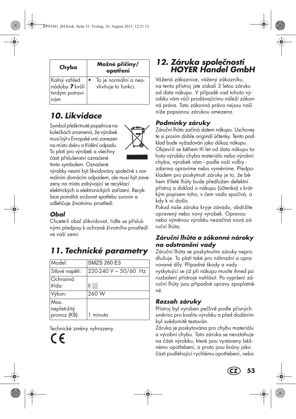 Likvidace, Technické parametry, Záruka spolenosti hoyer handel gmbh | Silvercrest SMZS 260 E3 User Manual | Page 55 / 78
