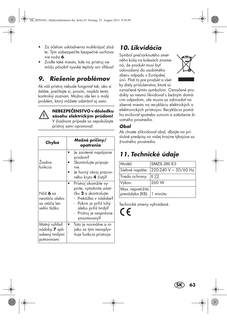 Riešenie problémov, Likvidácia, Technické údaje | Silvercrest SMZS 260 E3 User Manual | Page 65 / 78