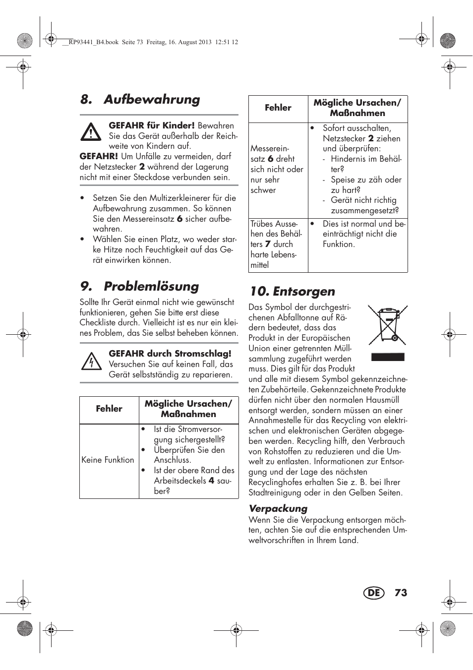 Aufbewahrung, Problemlösung, Entsorgen | Silvercrest SMZS 260 E3 User Manual | Page 75 / 78