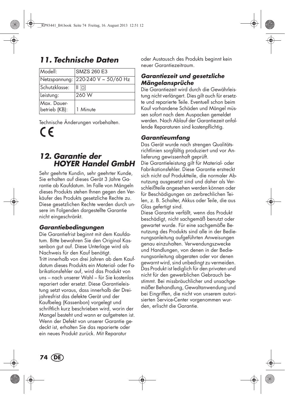Technische daten, Garantie der hoyerhandel gmbh | Silvercrest SMZS 260 E3 User Manual | Page 76 / 78