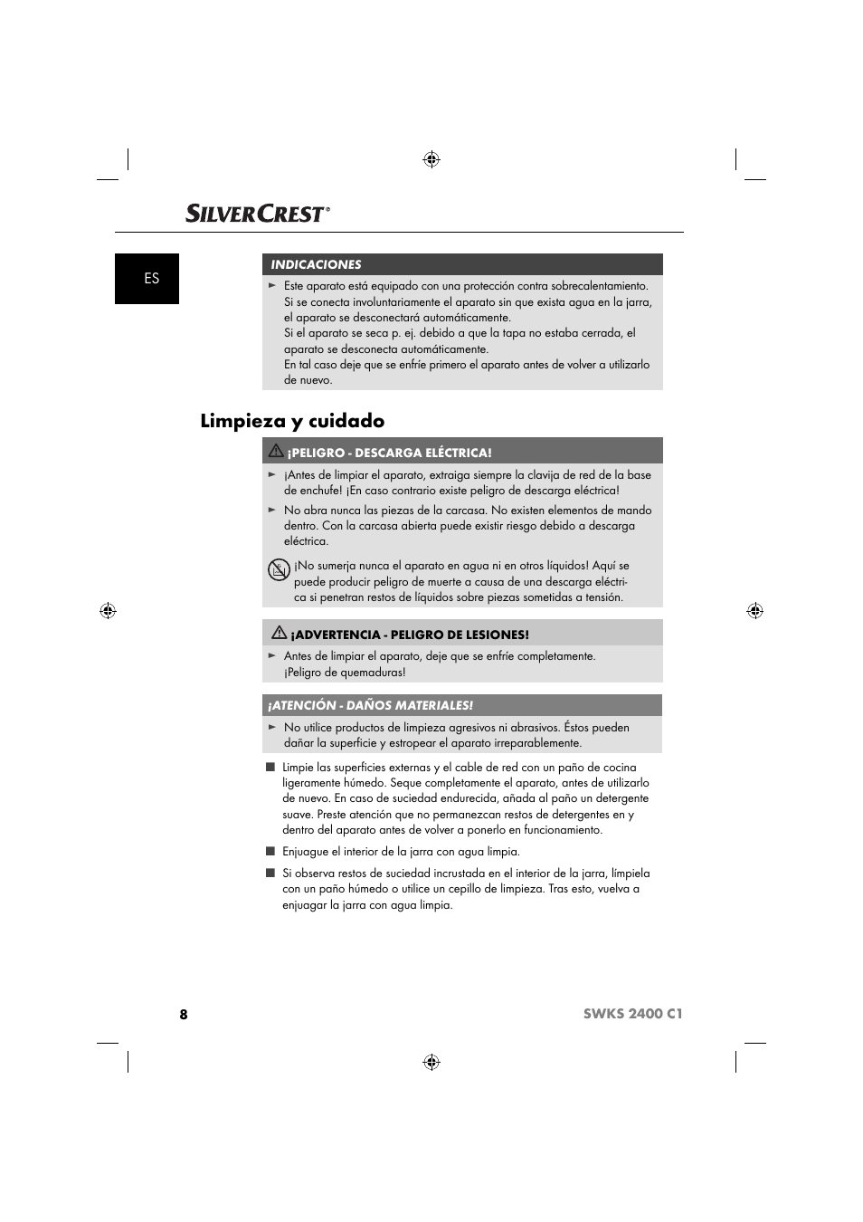 Limpieza y cuidado | Silvercrest SWKS 2400 C1 User Manual | Page 11 / 63