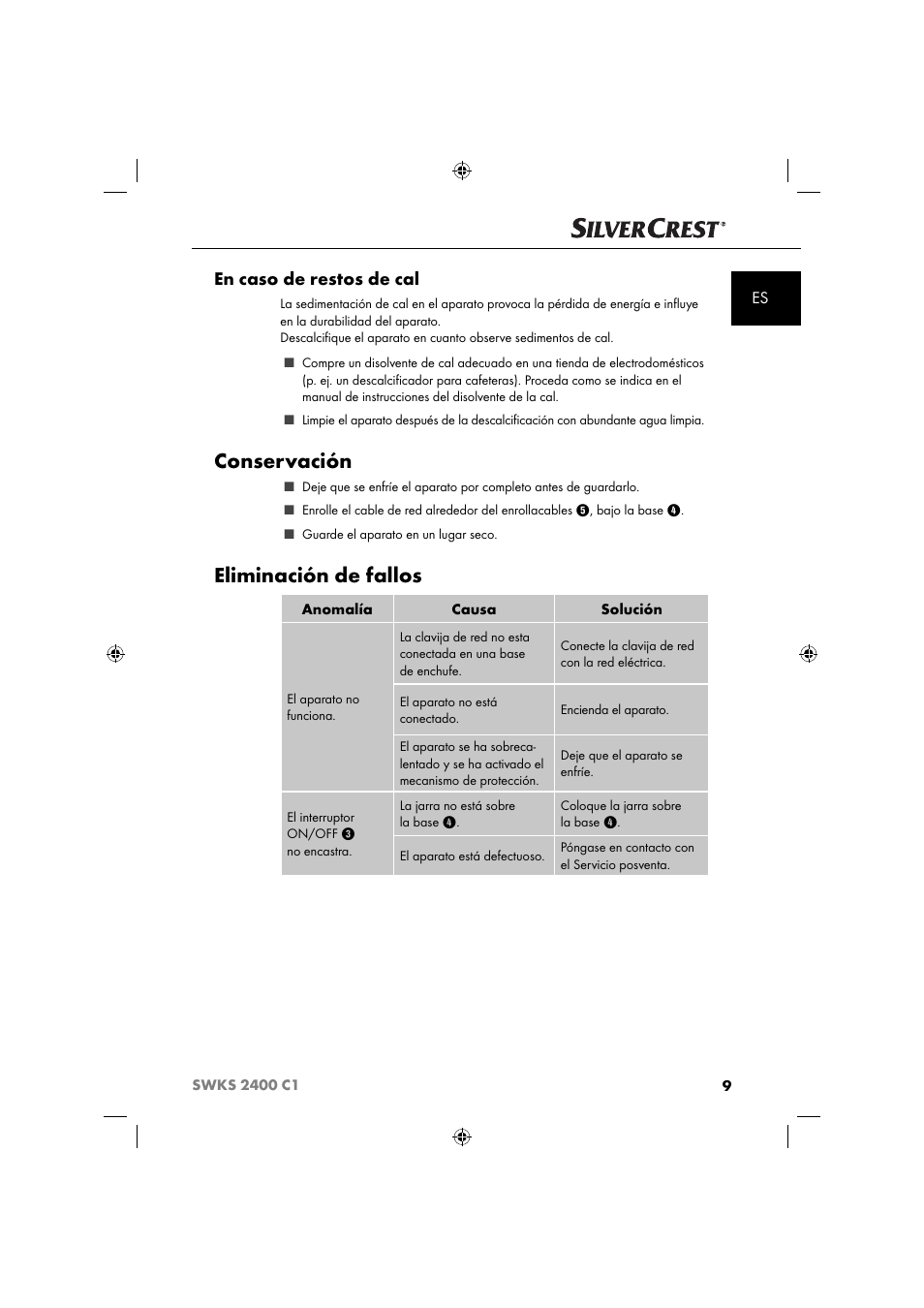 Conservación, Eliminación de fallos, En caso de restos de cal | Silvercrest SWKS 2400 C1 User Manual | Page 12 / 63