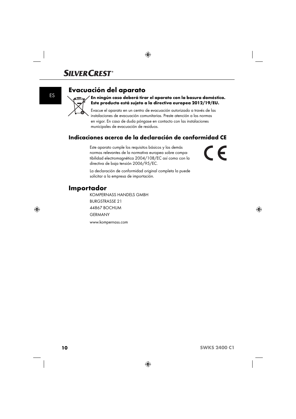 Evacuación del aparato, Importador | Silvercrest SWKS 2400 C1 User Manual | Page 13 / 63