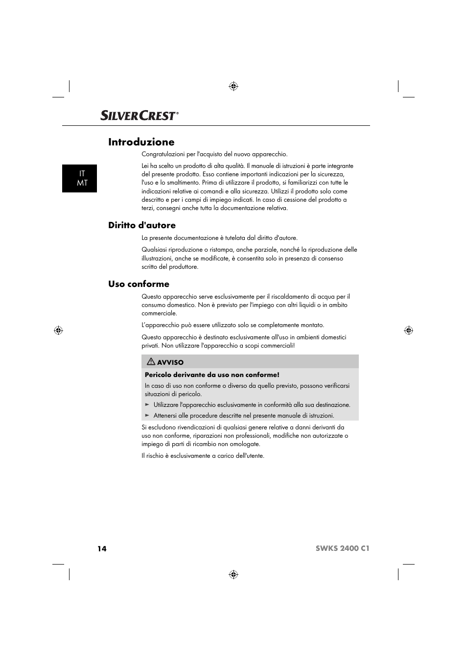 Introduzione, Diritto d'autore, Uso conforme | It mt | Silvercrest SWKS 2400 C1 User Manual | Page 17 / 63