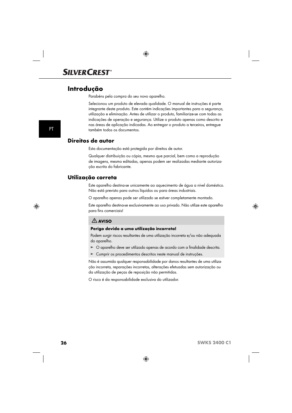 Introdução, Direitos de autor, Utilização correta | Silvercrest SWKS 2400 C1 User Manual | Page 29 / 63