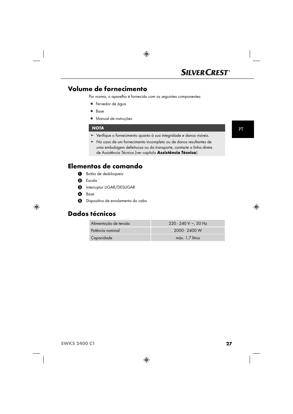 Volume de fornecimento, Elementos de comando, Dados técnicos | Silvercrest SWKS 2400 C1 User Manual | Page 30 / 63