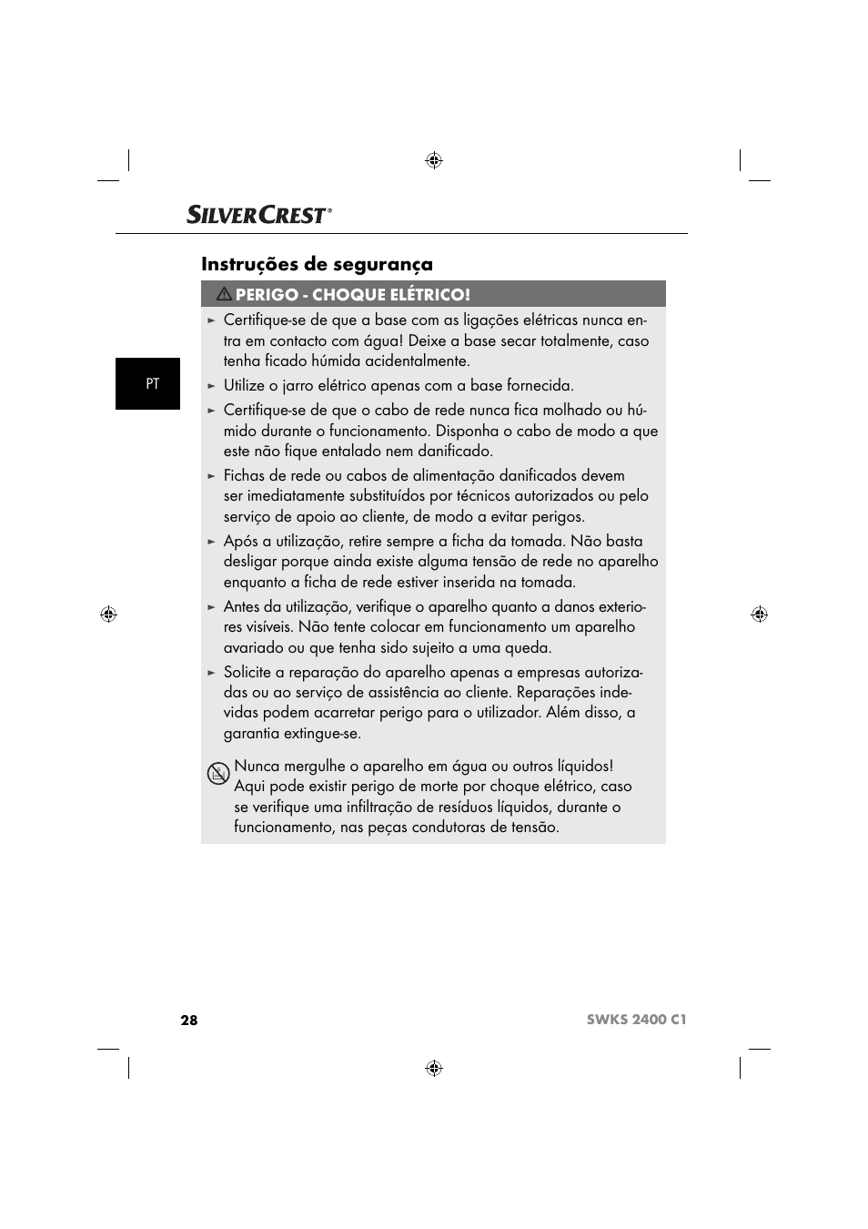 Instruções de segurança, Perigo - choque elétrico | Silvercrest SWKS 2400 C1 User Manual | Page 31 / 63