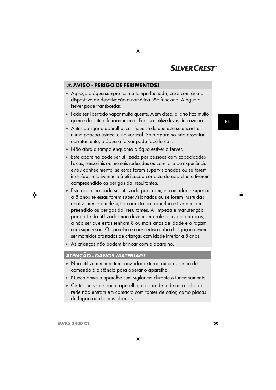 Aviso - perigo de ferimentos, Não abra a tampa enquanto a água estiver a ferver | Silvercrest SWKS 2400 C1 User Manual | Page 32 / 63