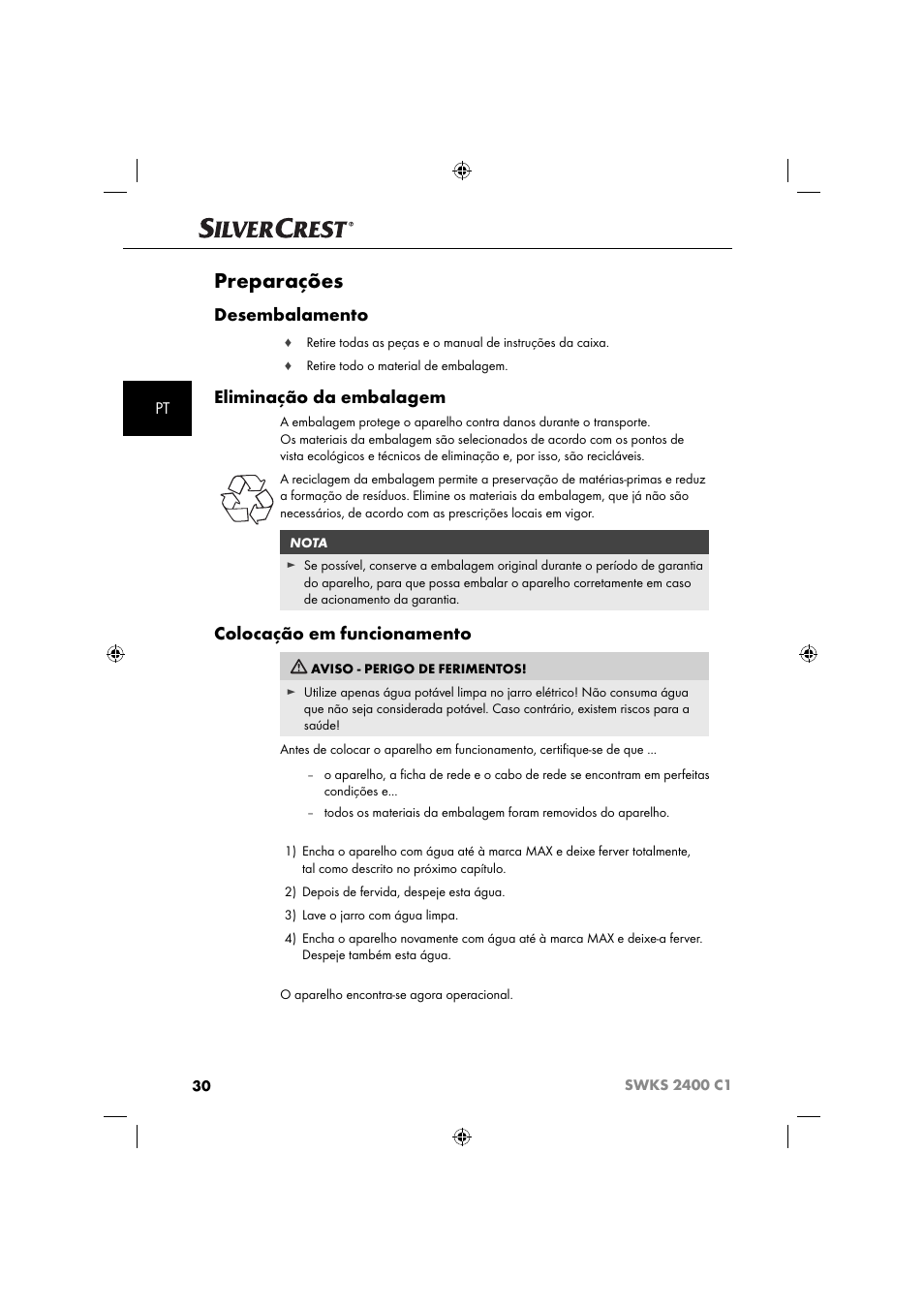 Preparações, Desembalamento, Eliminação da embalagem | Colocação em funcionamento | Silvercrest SWKS 2400 C1 User Manual | Page 33 / 63