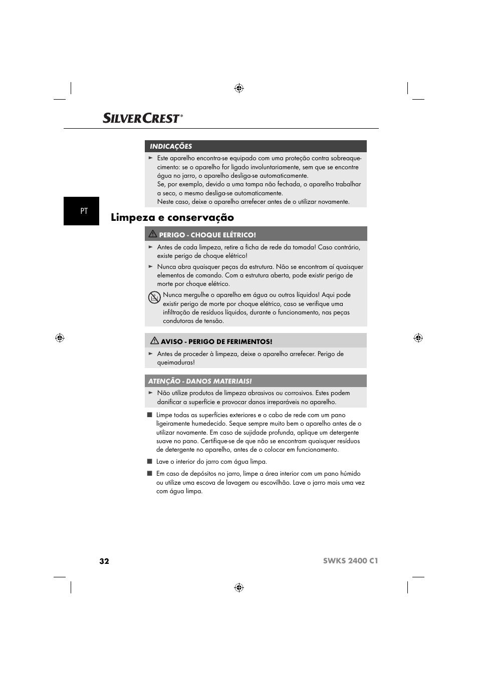 Limpeza e conservação | Silvercrest SWKS 2400 C1 User Manual | Page 35 / 63