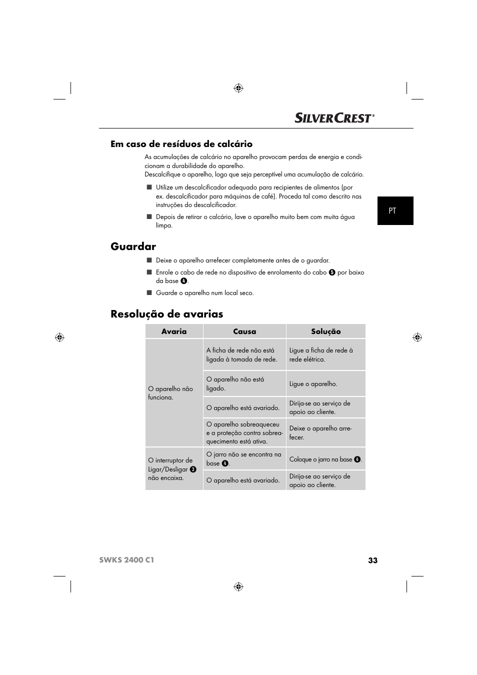 Guardar, Resolução de avarias, Em caso de resíduos de calcário | Silvercrest SWKS 2400 C1 User Manual | Page 36 / 63