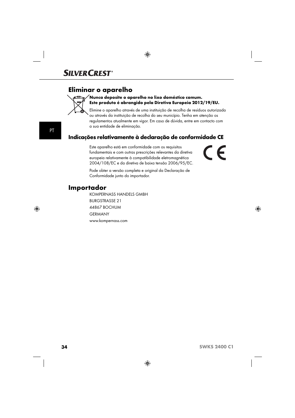 Eliminar o aparelho, Importador | Silvercrest SWKS 2400 C1 User Manual | Page 37 / 63