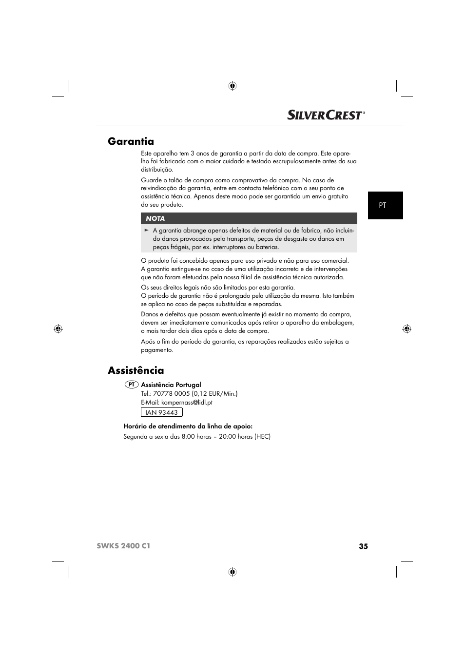 Garantia, Assistência | Silvercrest SWKS 2400 C1 User Manual | Page 38 / 63