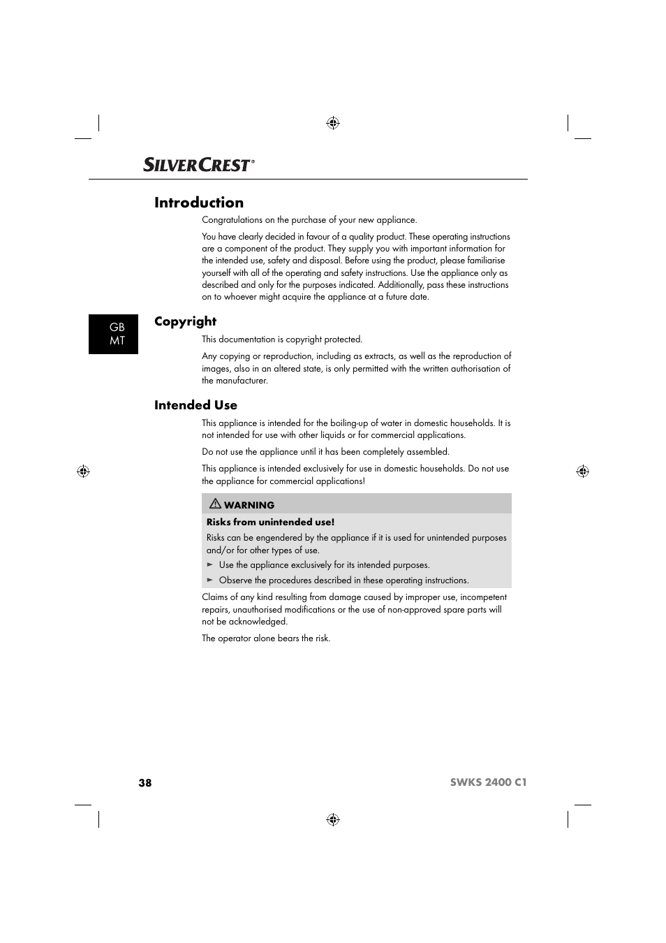 Introduction, Copyright, Intended use | Gb mt | Silvercrest SWKS 2400 C1 User Manual | Page 41 / 63