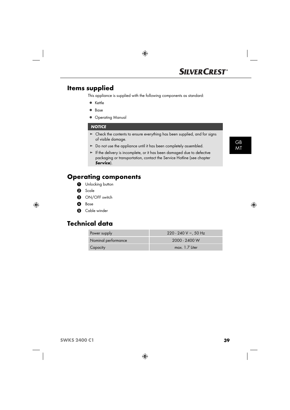 Items supplied, Operating components, Technical data | Gb mt | Silvercrest SWKS 2400 C1 User Manual | Page 42 / 63