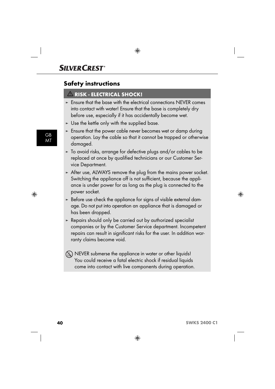 Safety instructions, Risk - electrical shock, Use the kettle only with the supplied base | Silvercrest SWKS 2400 C1 User Manual | Page 43 / 63