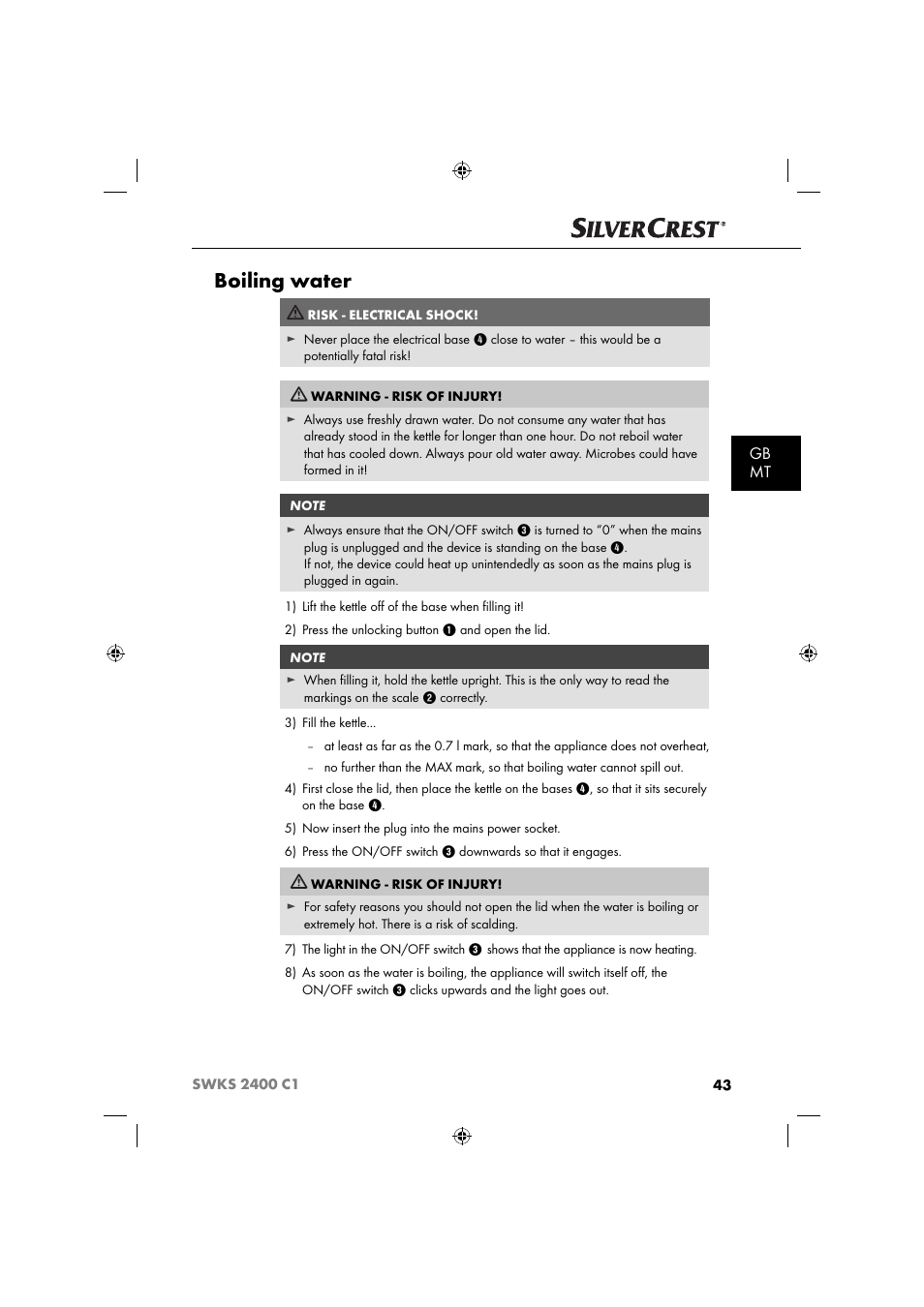 Boiling water, Gb mt | Silvercrest SWKS 2400 C1 User Manual | Page 46 / 63