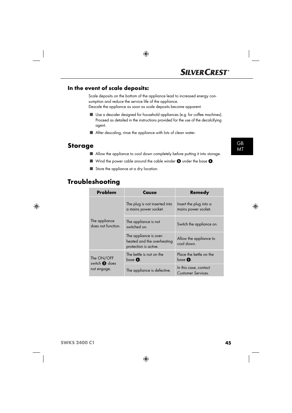 Storage, Troubleshooting, Gb mt | Silvercrest SWKS 2400 C1 User Manual | Page 48 / 63