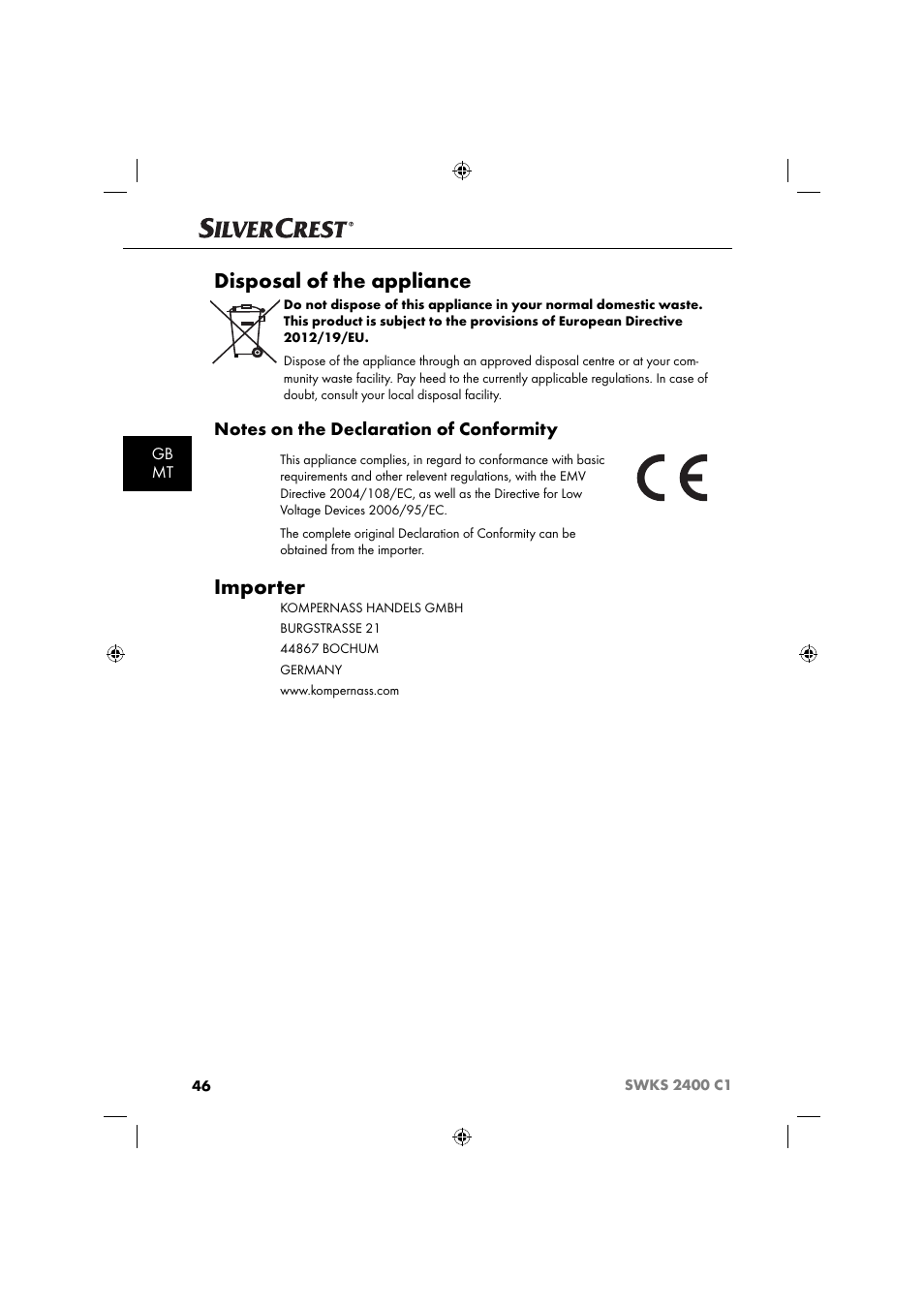 Disposal of the appliance, Importer, Gb mt | Silvercrest SWKS 2400 C1 User Manual | Page 49 / 63