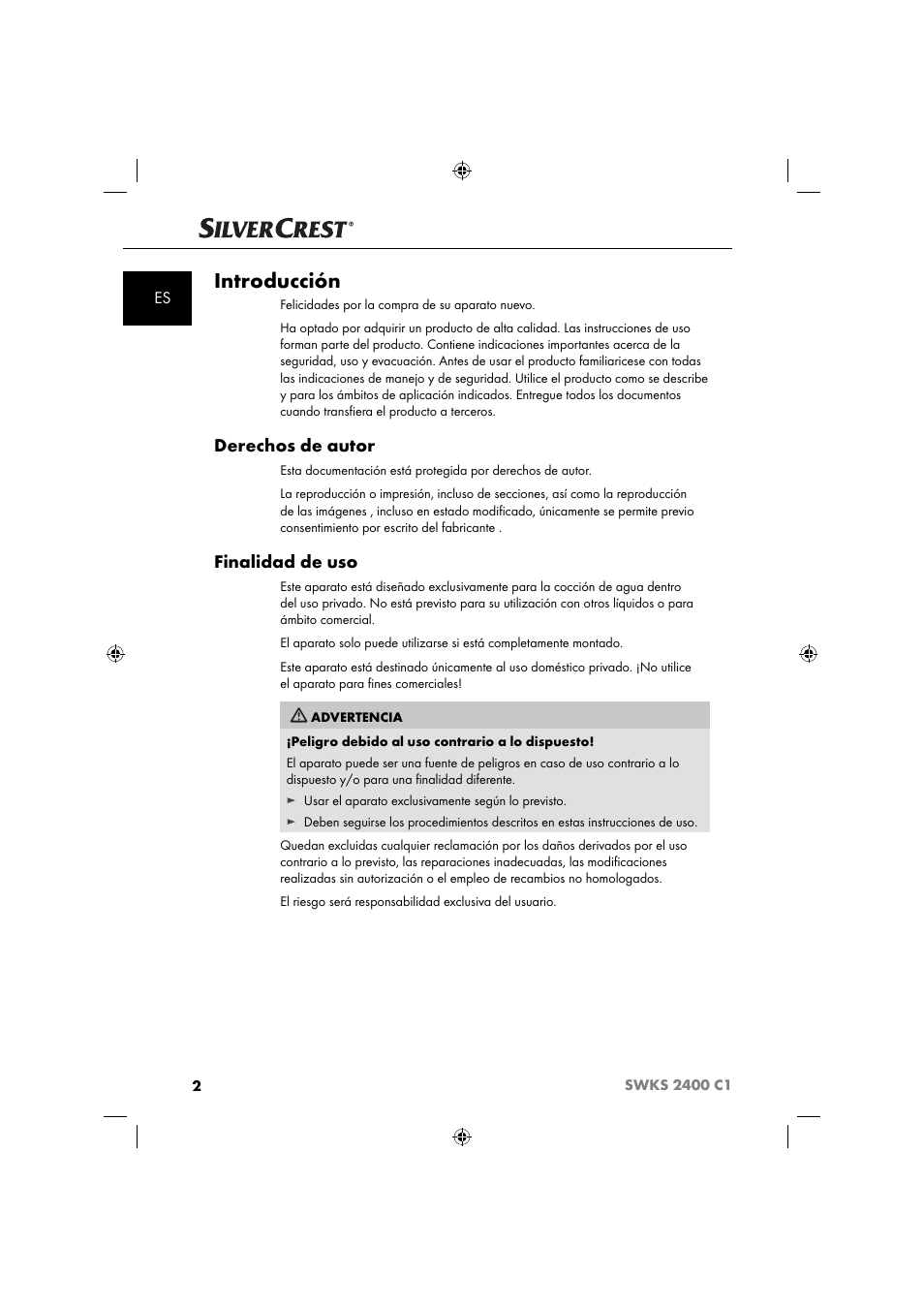 Introducción, Derechos de autor, Finalidad de uso | Silvercrest SWKS 2400 C1 User Manual | Page 5 / 63