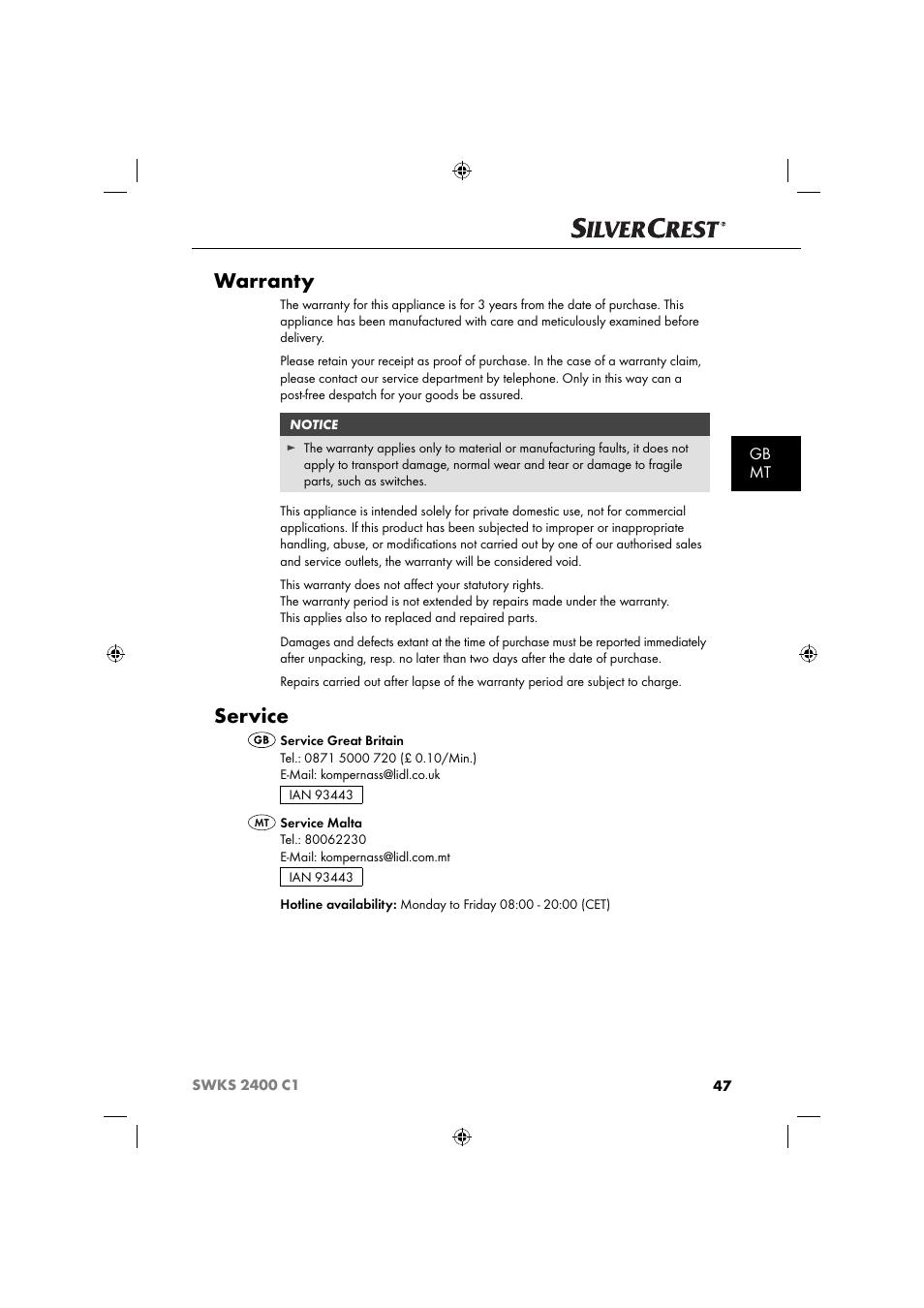 Warranty, Service, Gb mt | Silvercrest SWKS 2400 C1 User Manual | Page 50 / 63
