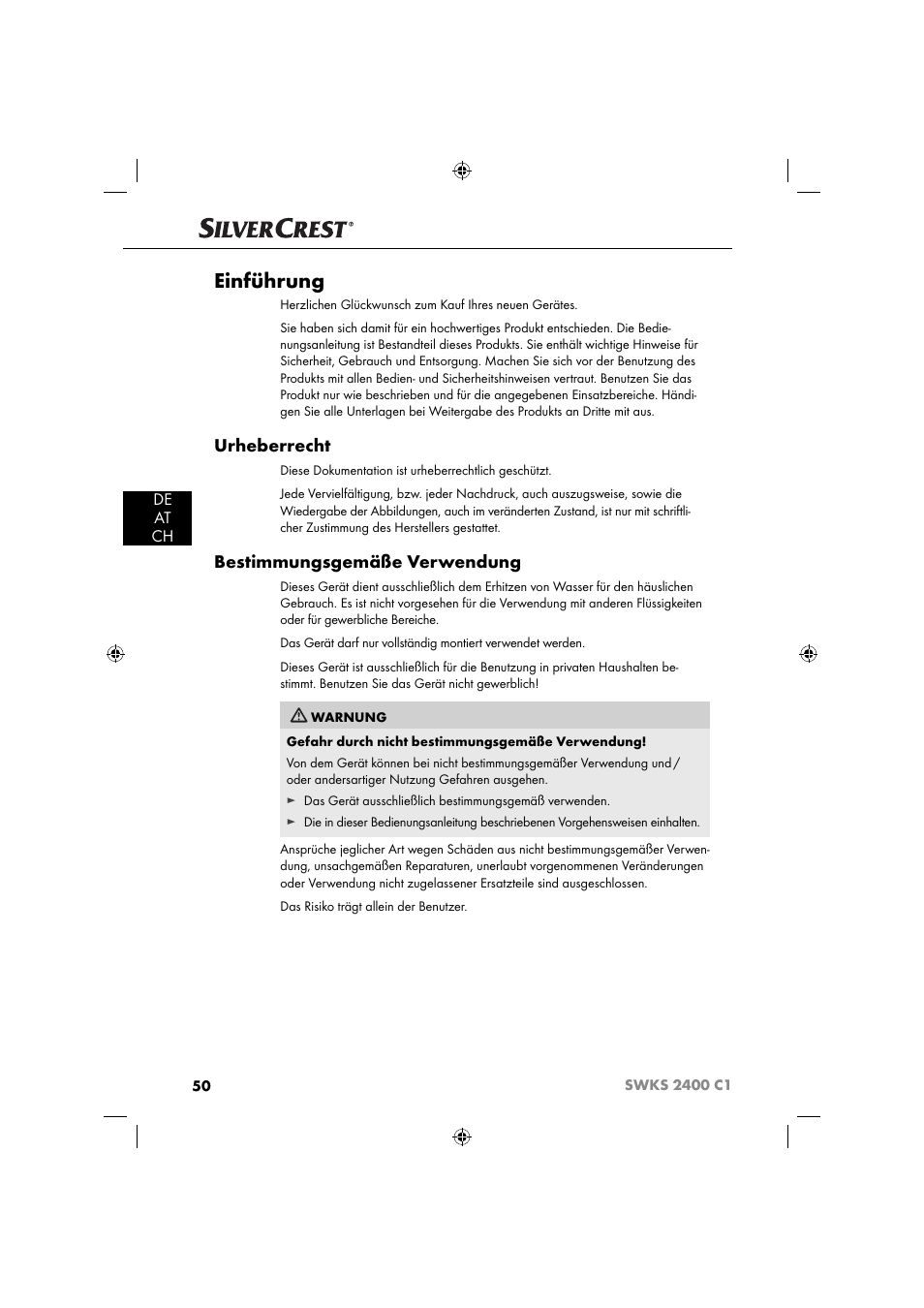 Einführung, Urheberrecht, Bestimmungsgemäße verwendung | De at ch | Silvercrest SWKS 2400 C1 User Manual | Page 53 / 63