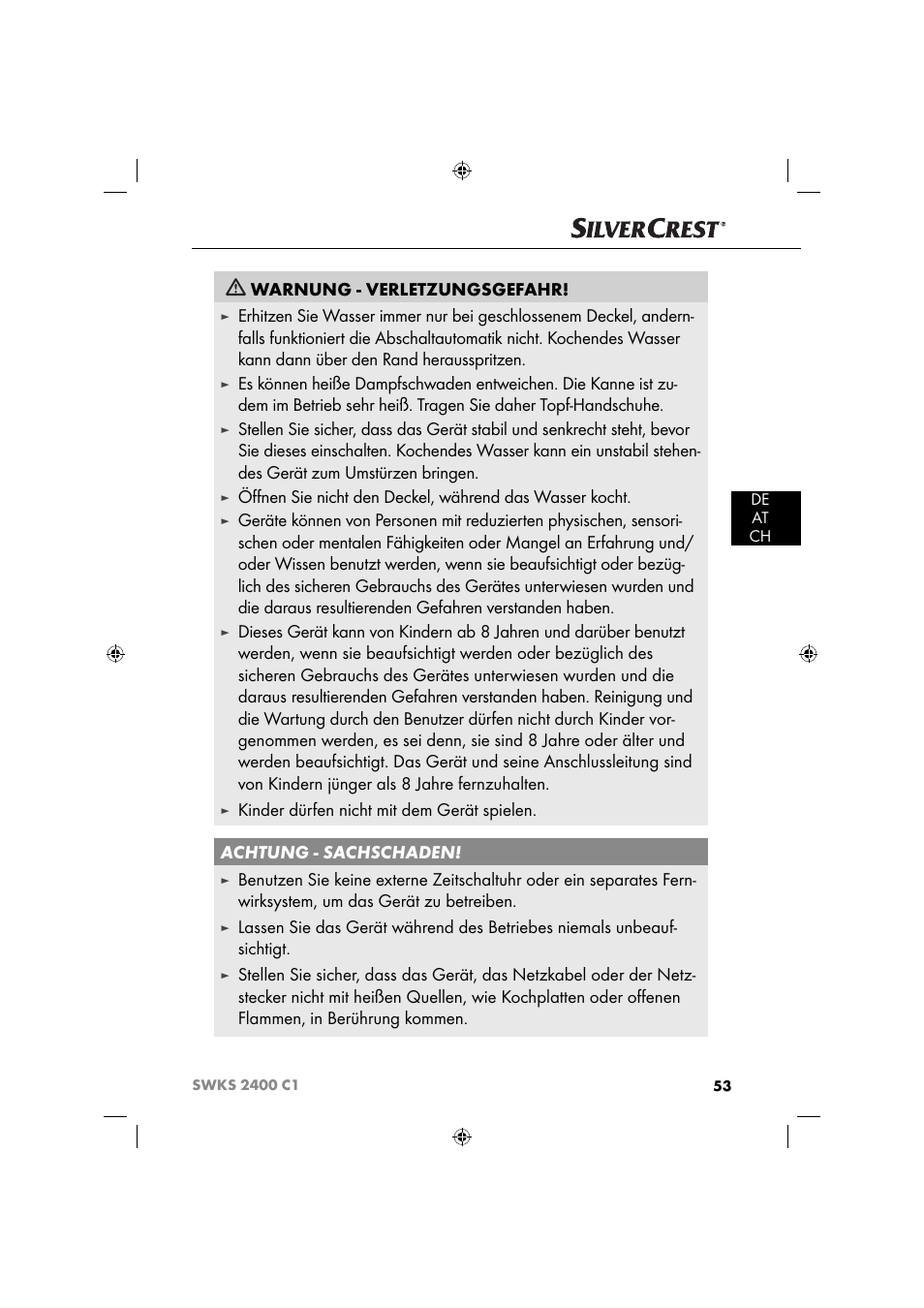 Warnung - verletzungsgefahr | Silvercrest SWKS 2400 C1 User Manual | Page 56 / 63