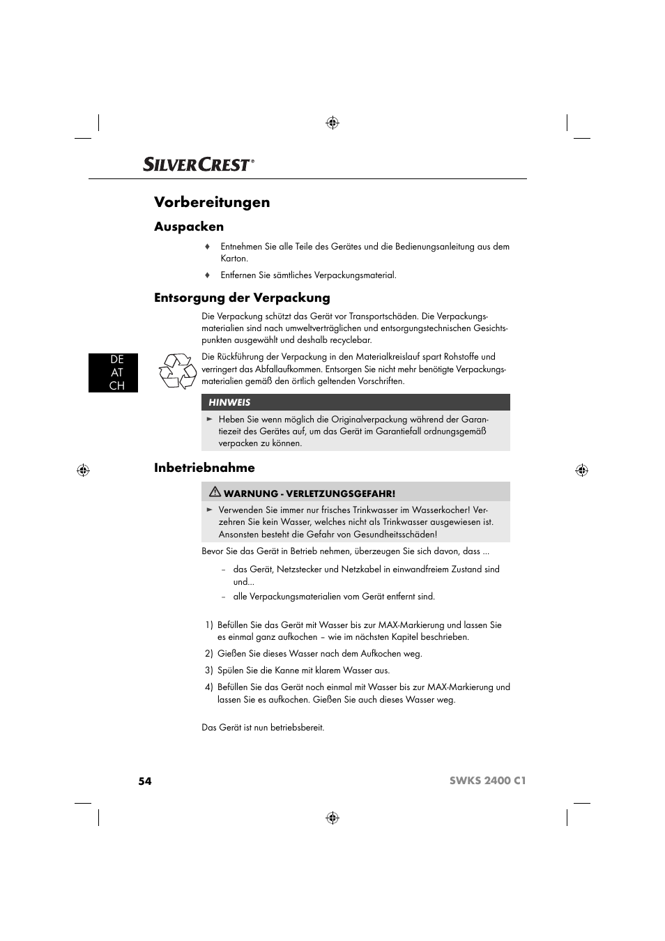 Vorbereitungen, Auspacken, Entsorgung der verpackung | Inbetriebnahme, De at ch | Silvercrest SWKS 2400 C1 User Manual | Page 57 / 63