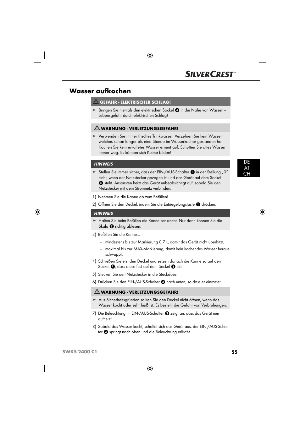Wasser aufkochen, De at ch | Silvercrest SWKS 2400 C1 User Manual | Page 58 / 63