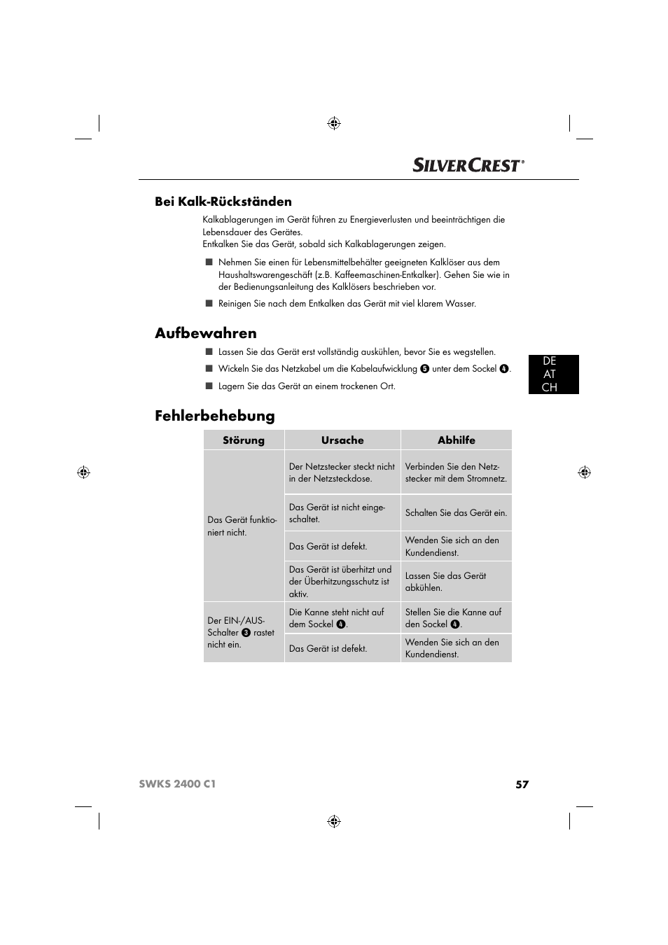 Aufbewahren, Fehlerbehebung, Bei kalk-rückständen | De at ch | Silvercrest SWKS 2400 C1 User Manual | Page 60 / 63