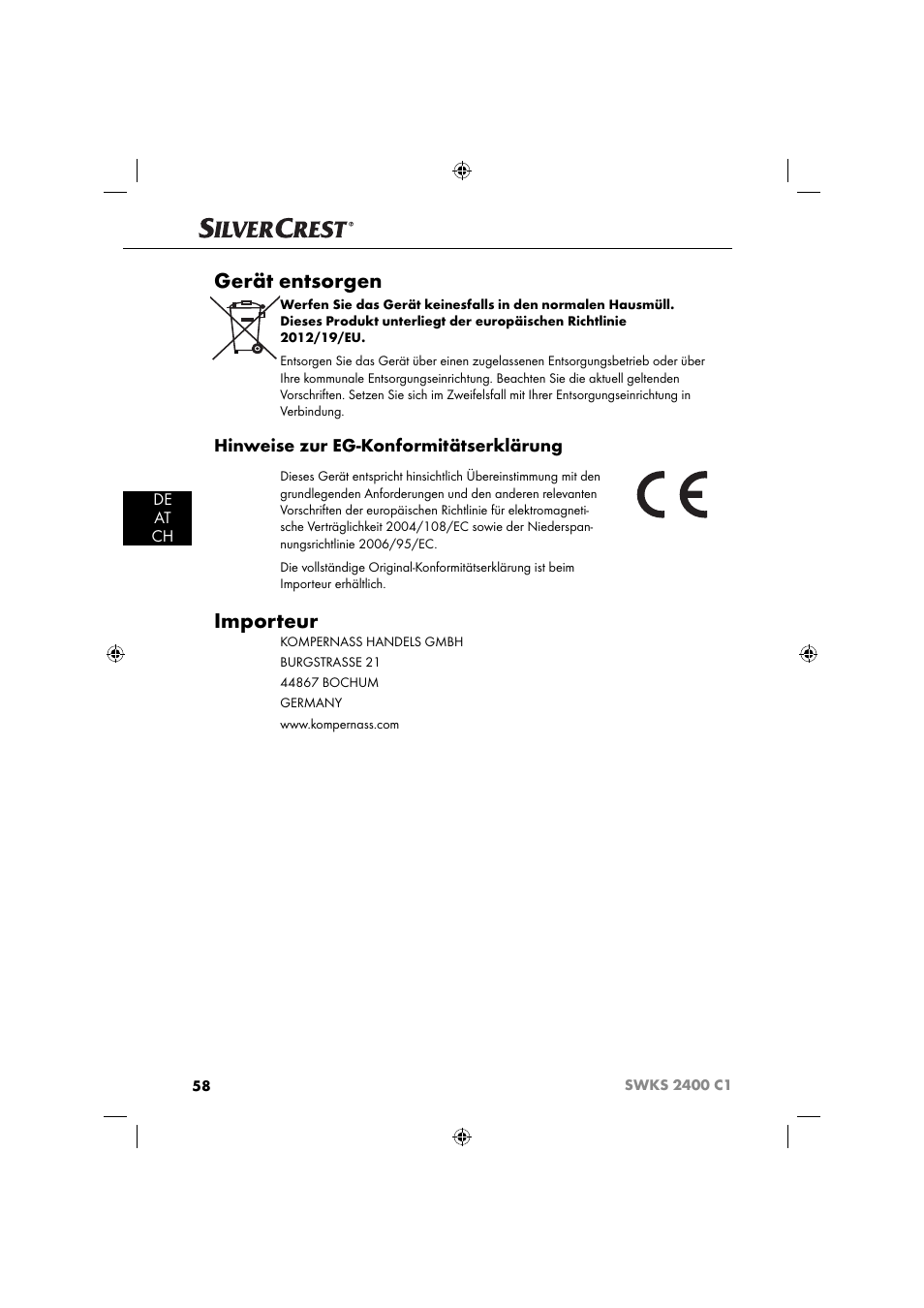 Gerät entsorgen, Importeur, Hinweise zur eg-konformitätserklärung | De at ch | Silvercrest SWKS 2400 C1 User Manual | Page 61 / 63