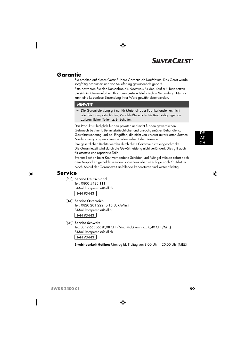 Garantie, Service, De at ch | Silvercrest SWKS 2400 C1 User Manual | Page 62 / 63
