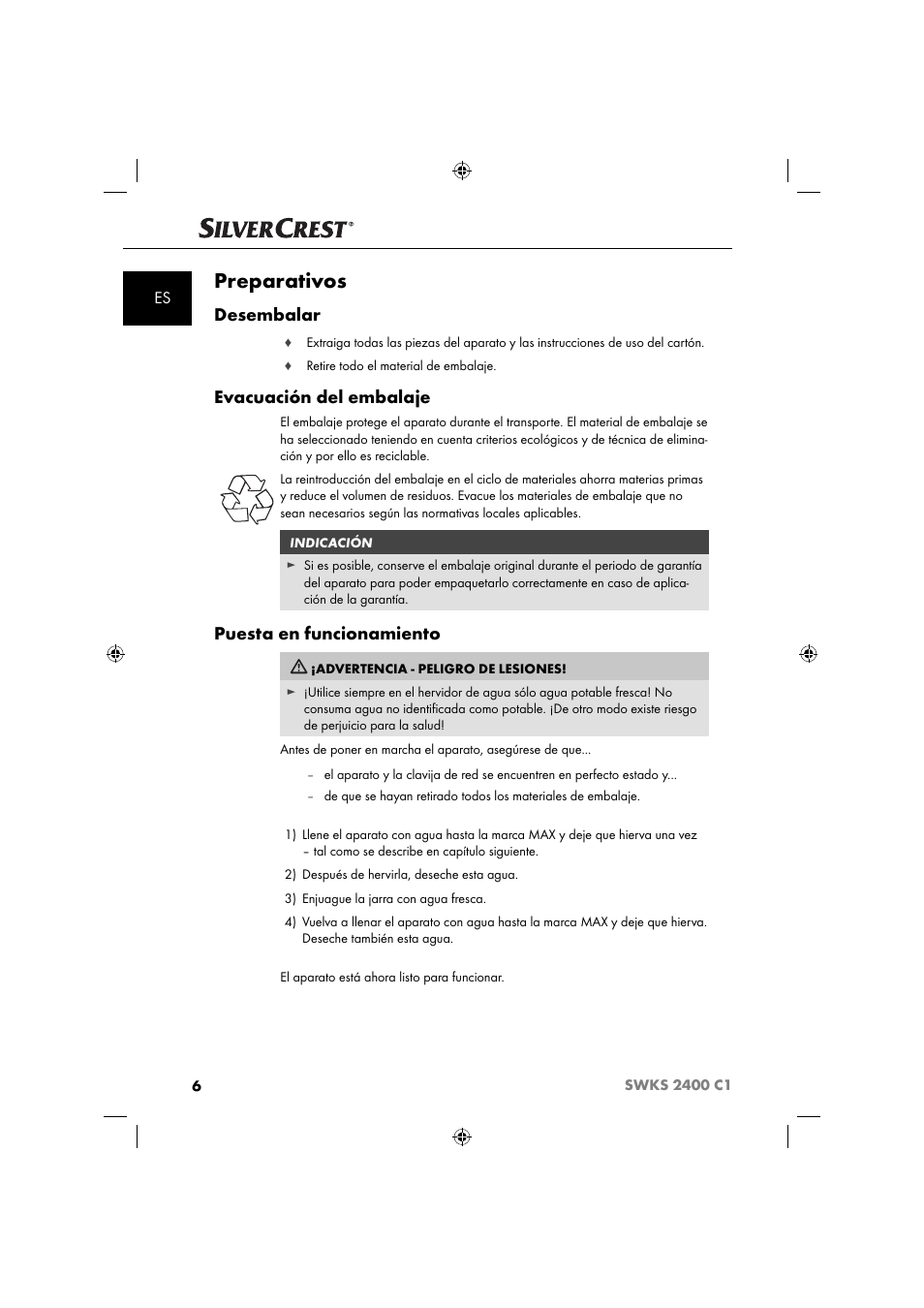 Preparativos, Desembalar, Evacuación del embalaje | Puesta en funcionamiento | Silvercrest SWKS 2400 C1 User Manual | Page 9 / 63