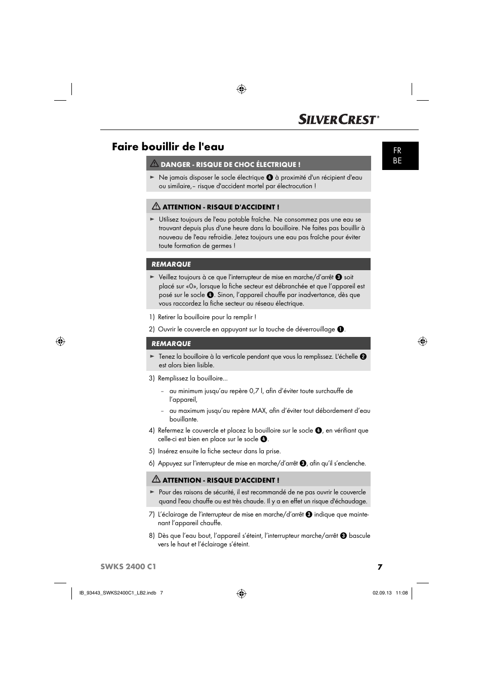 Faire bouillir de l'eau, Fr be | Silvercrest SWKS 2400 C1 User Manual | Page 10 / 39