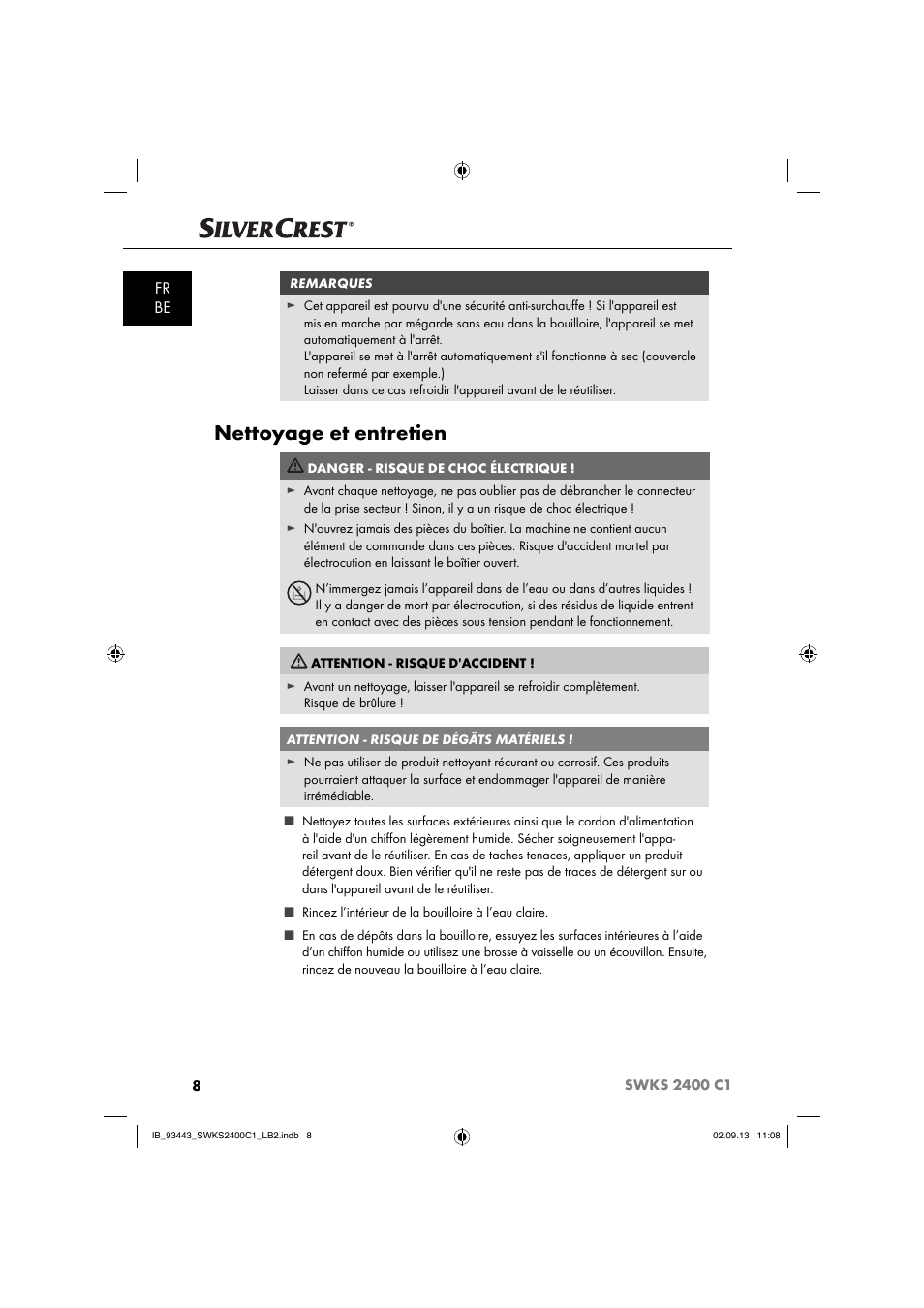 Nettoyage et entretien, Fr be | Silvercrest SWKS 2400 C1 User Manual | Page 11 / 39