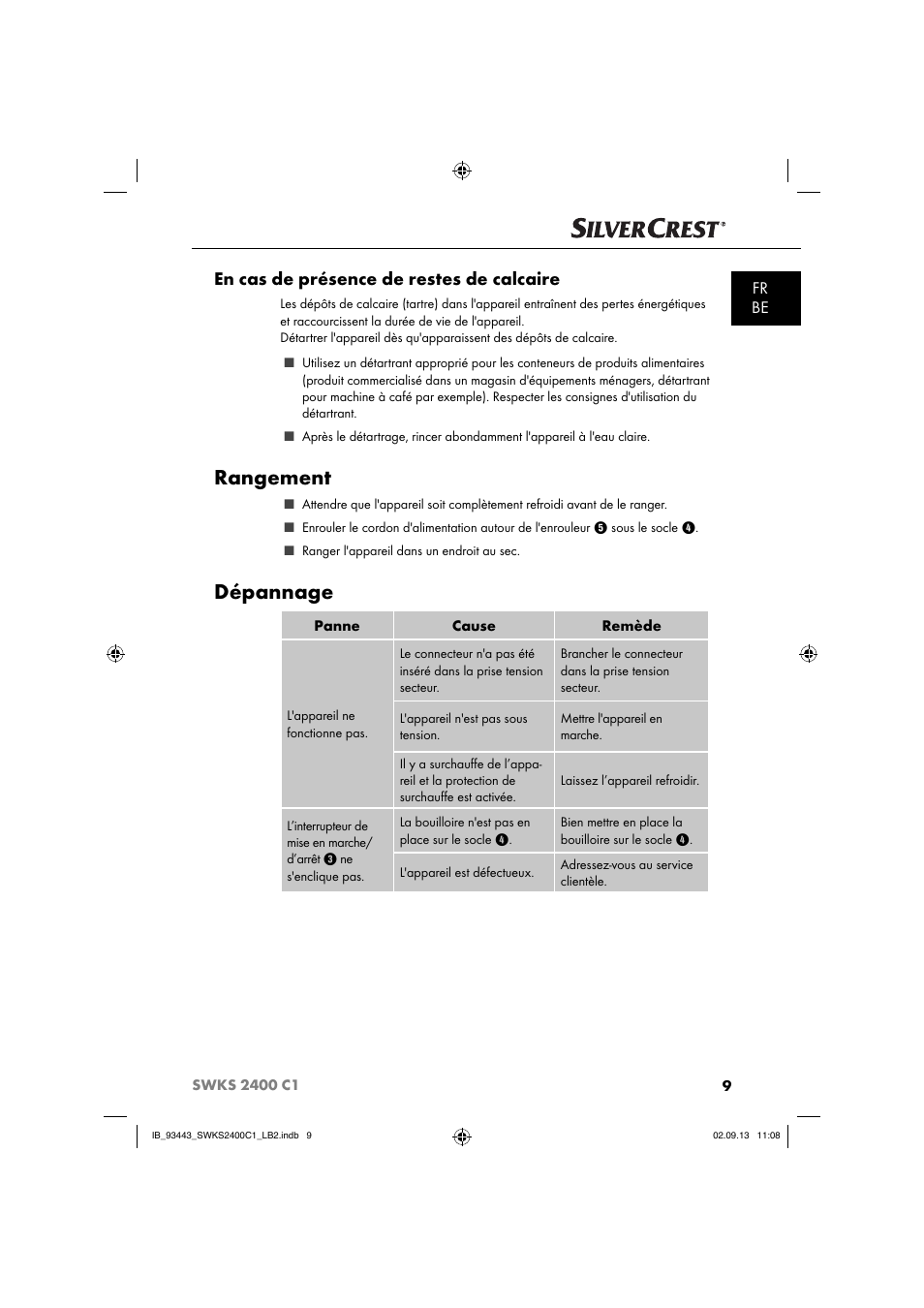 Rangement, Dépannage, En cas de présence de restes de calcaire | Fr be | Silvercrest SWKS 2400 C1 User Manual | Page 12 / 39