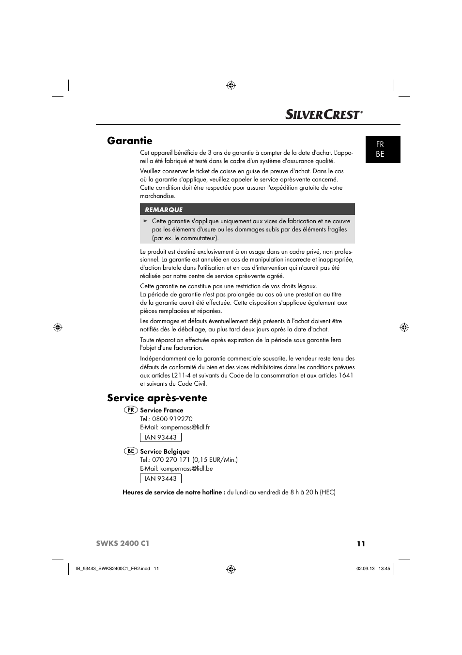 Garantie, Service après-vente, Fr be | Silvercrest SWKS 2400 C1 User Manual | Page 14 / 39