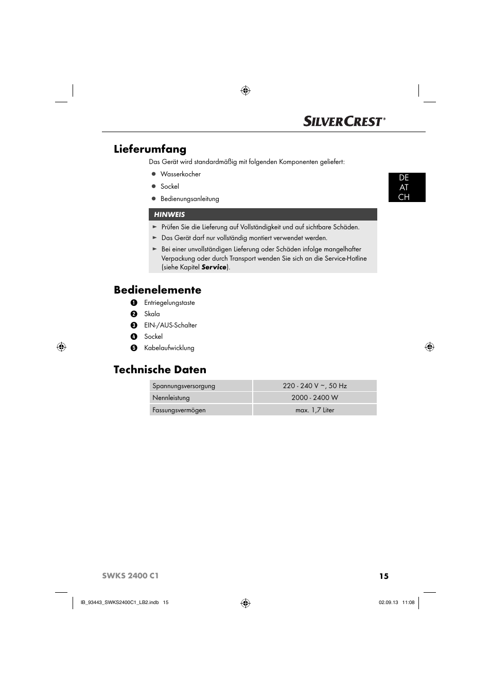 Lieferumfang, Bedienelemente, Technische daten | De at ch | Silvercrest SWKS 2400 C1 User Manual | Page 18 / 39