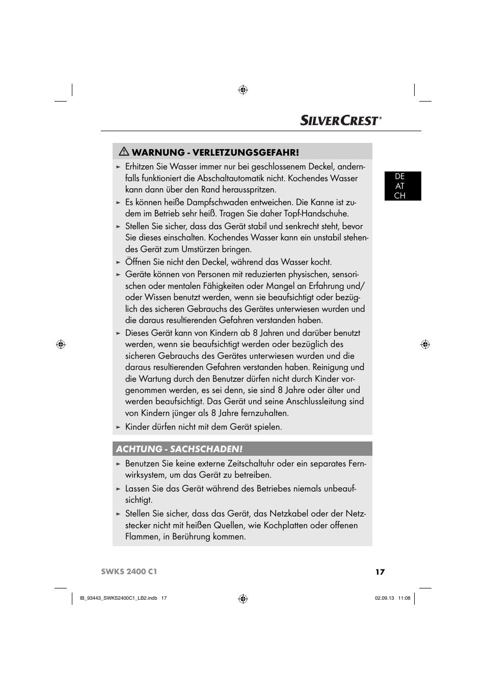 Warnung - verletzungsgefahr | Silvercrest SWKS 2400 C1 User Manual | Page 20 / 39