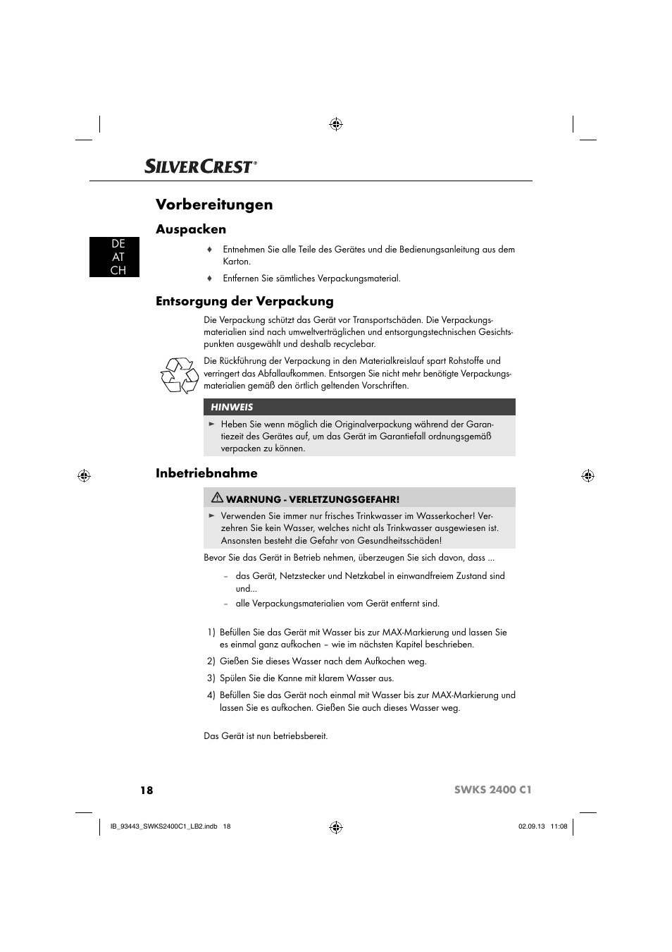 Vorbereitungen, Auspacken, Entsorgung der verpackung | Inbetriebnahme, De at ch | Silvercrest SWKS 2400 C1 User Manual | Page 21 / 39