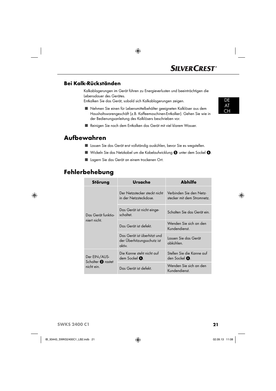 Aufbewahren, Fehlerbehebung, Bei kalk-rückständen | De at ch | Silvercrest SWKS 2400 C1 User Manual | Page 24 / 39