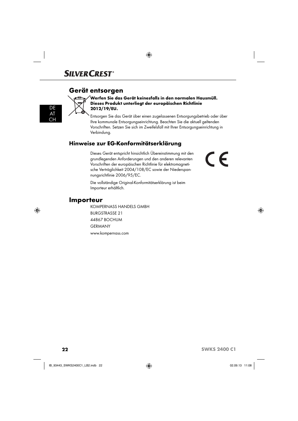 Gerät entsorgen, Importeur, Hinweise zur eg-konformitätserklärung | De at ch | Silvercrest SWKS 2400 C1 User Manual | Page 25 / 39
