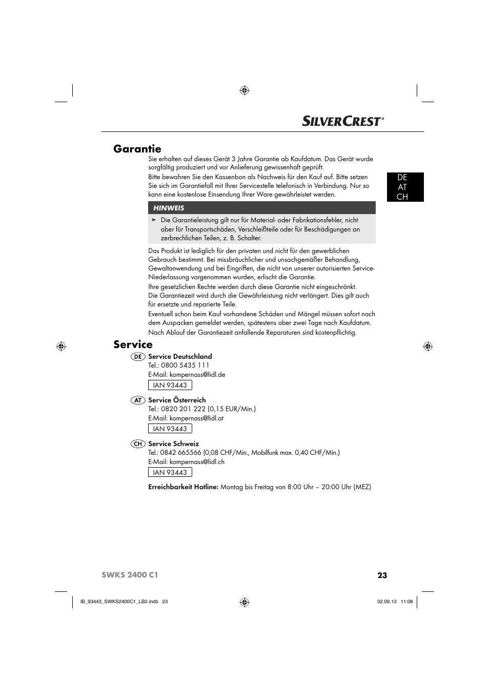 Garantie, Service, De at ch | Silvercrest SWKS 2400 C1 User Manual | Page 26 / 39