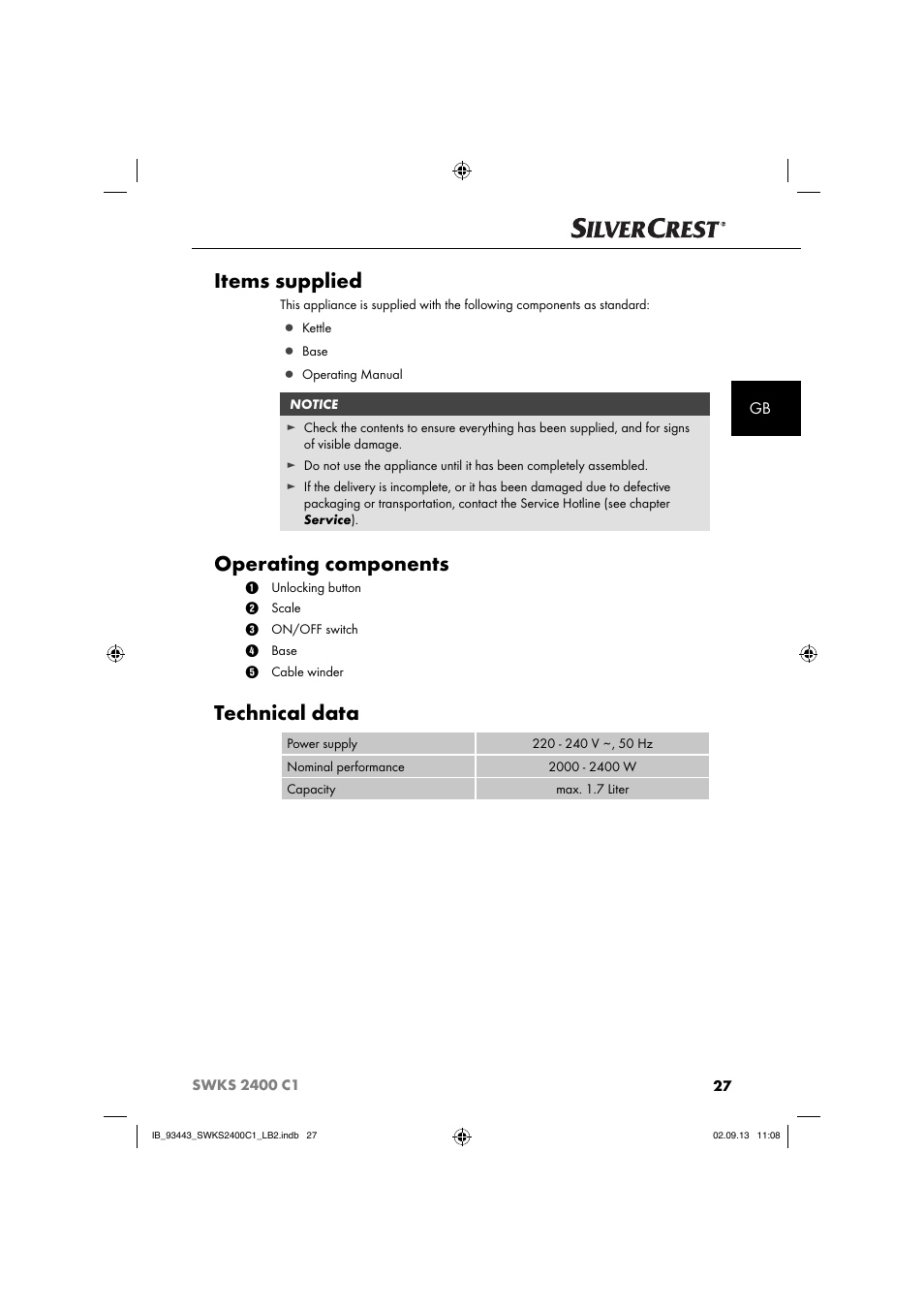 Items supplied, Operating components, Technical data | Silvercrest SWKS 2400 C1 User Manual | Page 30 / 39