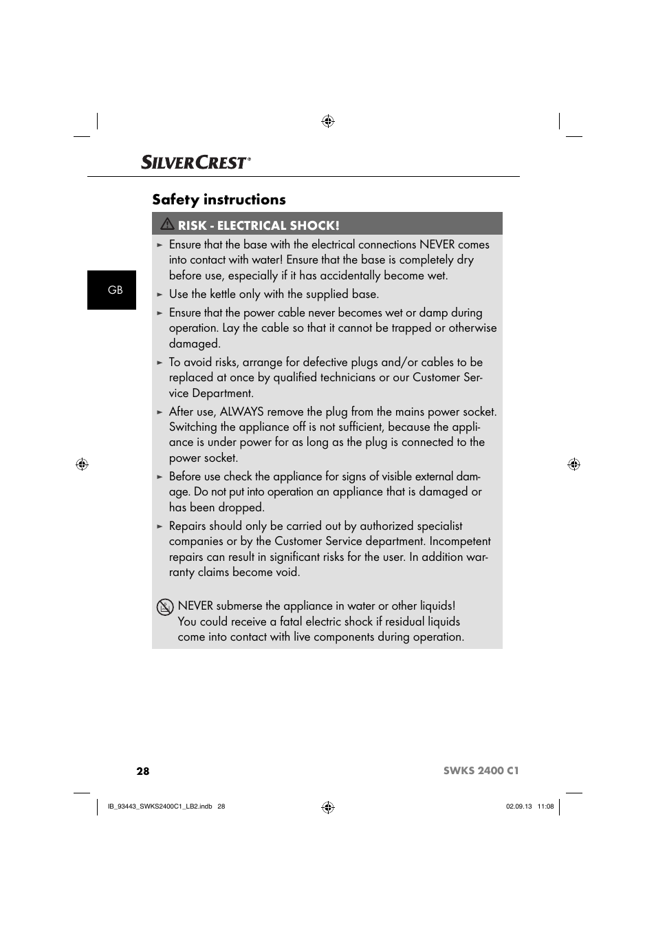 Safety instructions, Risk - electrical shock, Use the kettle only with the supplied base | Silvercrest SWKS 2400 C1 User Manual | Page 31 / 39