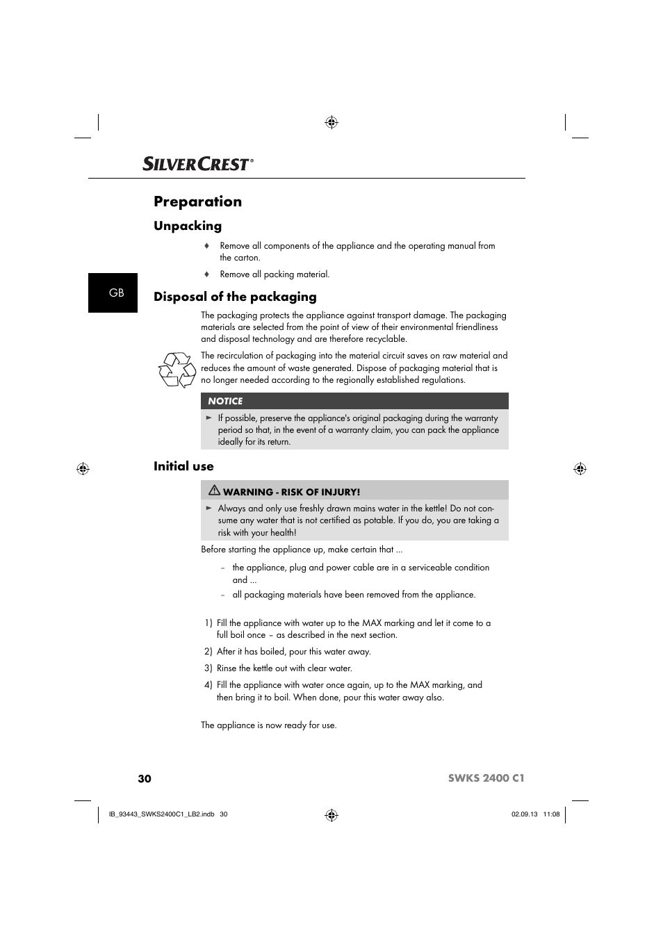 Preparation, Unpacking, Disposal of the packaging | Initial use | Silvercrest SWKS 2400 C1 User Manual | Page 33 / 39