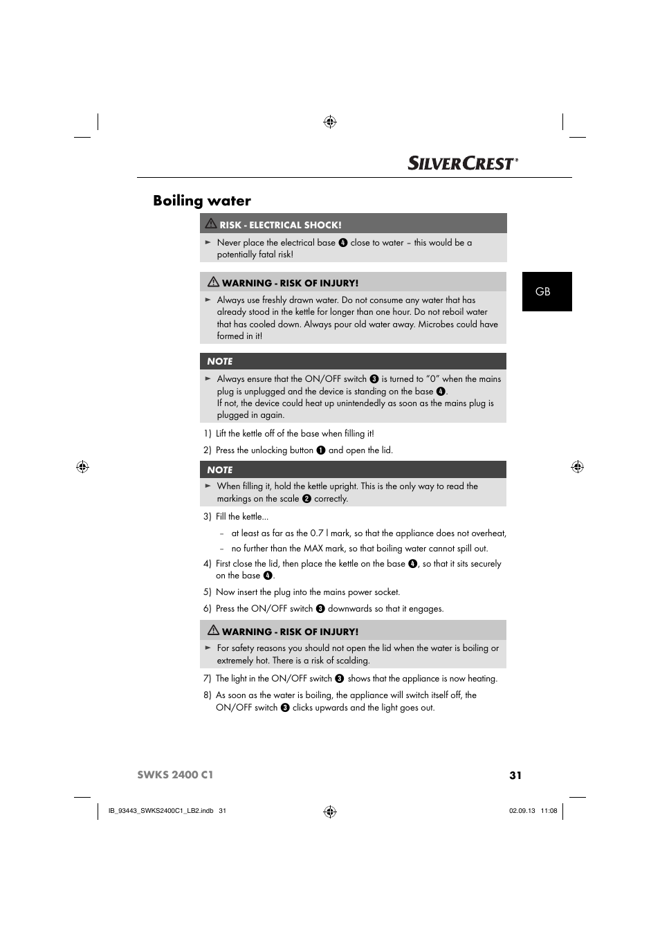 Boiling water | Silvercrest SWKS 2400 C1 User Manual | Page 34 / 39